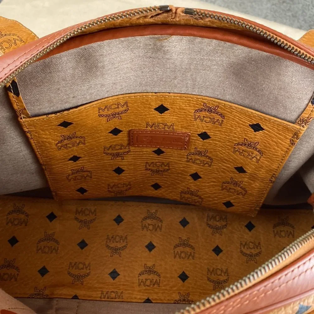 Authentic MCM Vintage Visetos Cognac Monogram Dome Tote Large